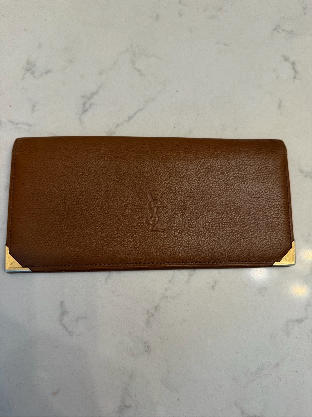 Saint Laurent Brown Leather Long Card Holder with Gold Corners